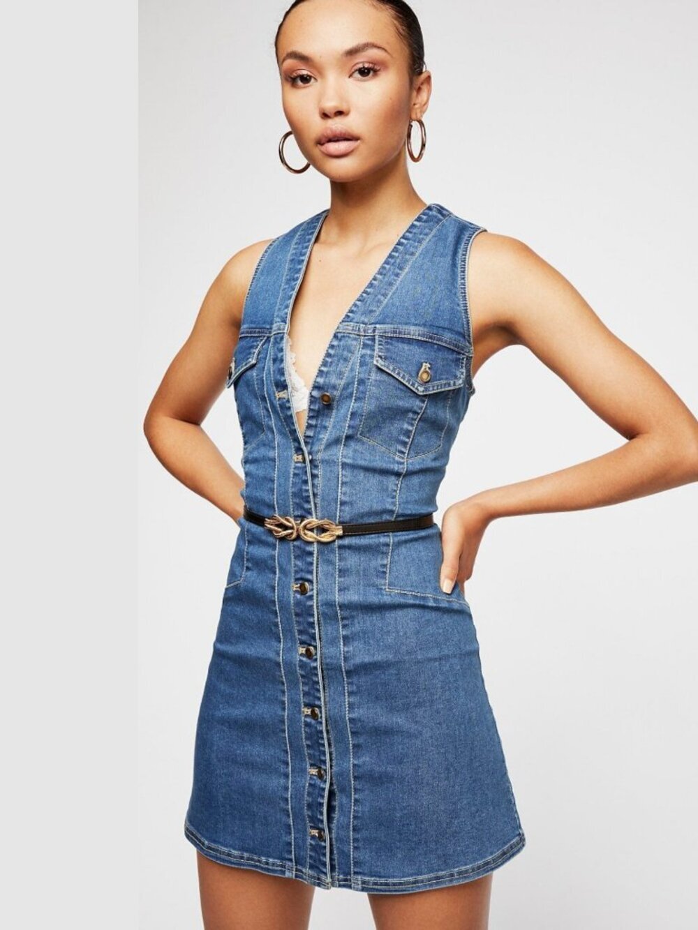 Free People Wandering Star Denim Mini Dress - Beau Wash - Size 2